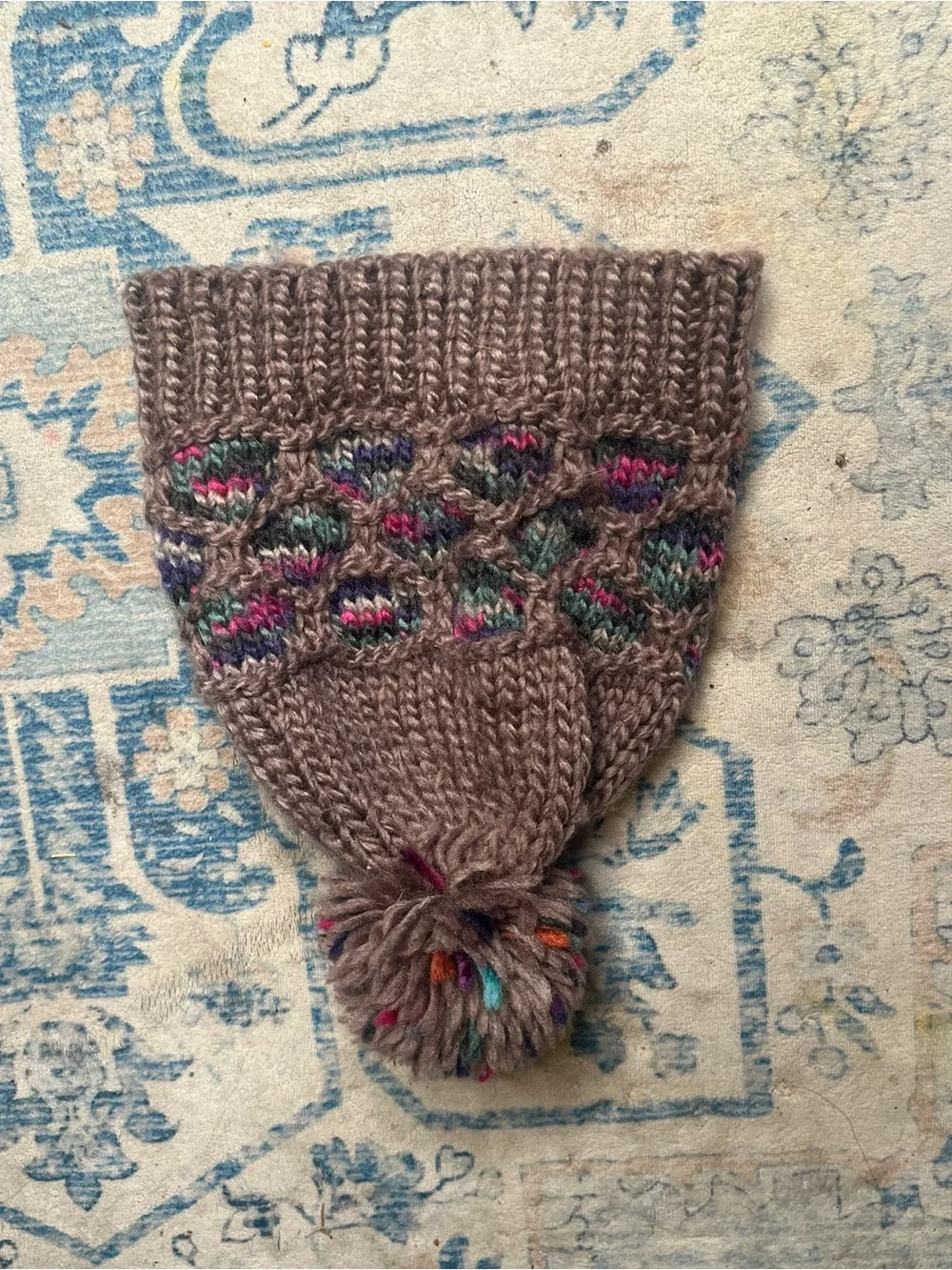 Knit Pom Beanie with Multicolor Accents